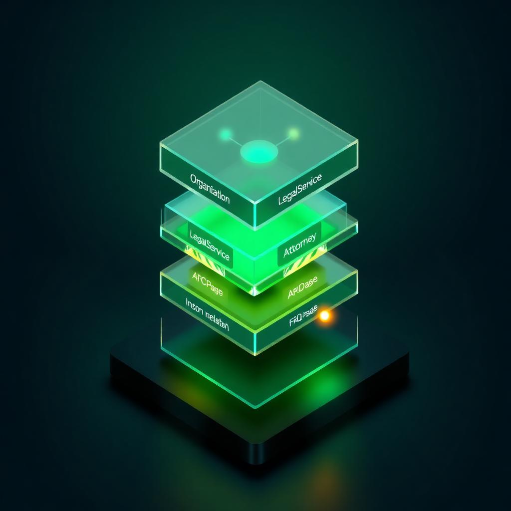 Isometric 3D render of a layered JSON-LD schema stack with translucent glass panels connected by entity-graph lines