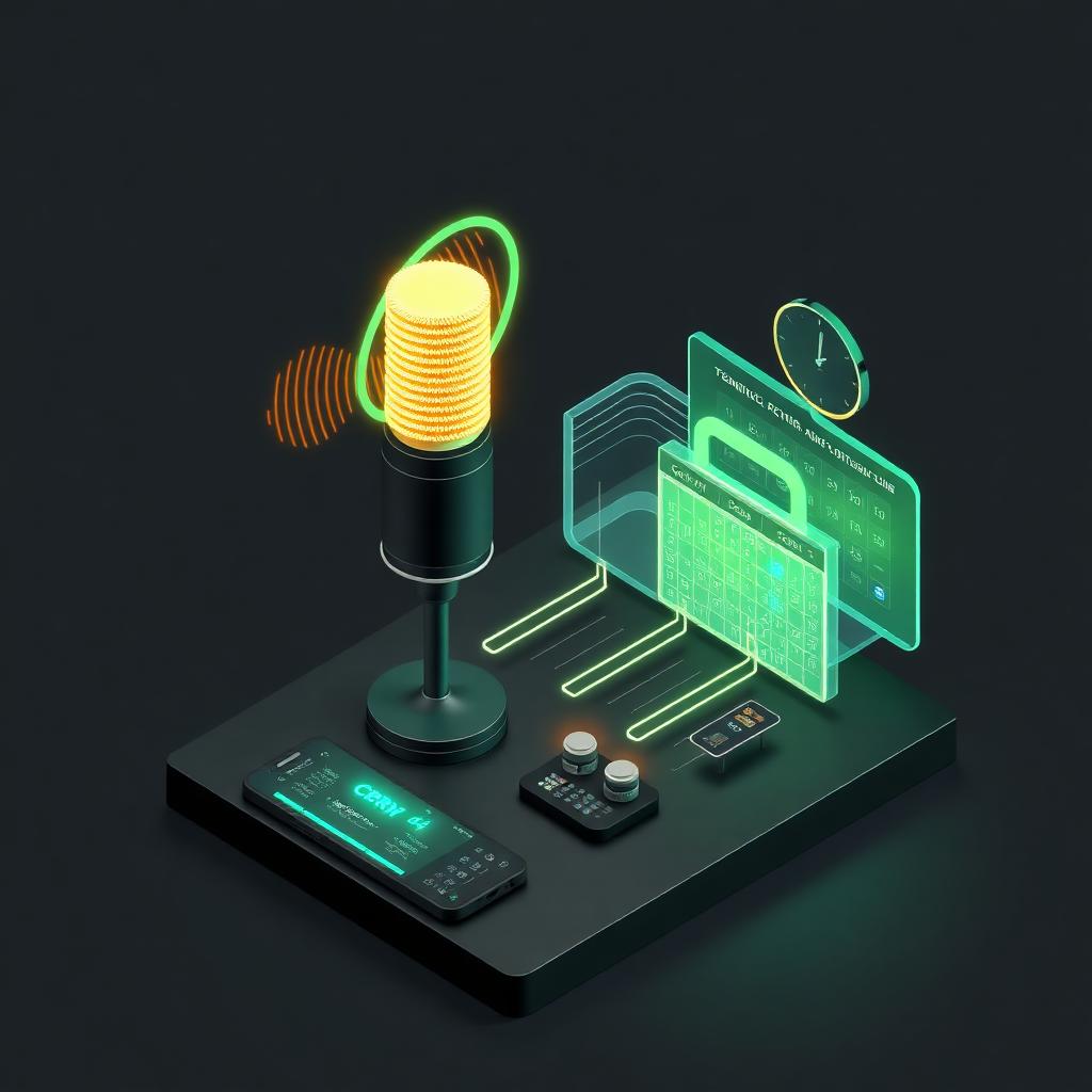 Isometric illustration of a glowing microphone connected to a CRM pipeline and calendar grid representing a 24/7 AI voice receptionist