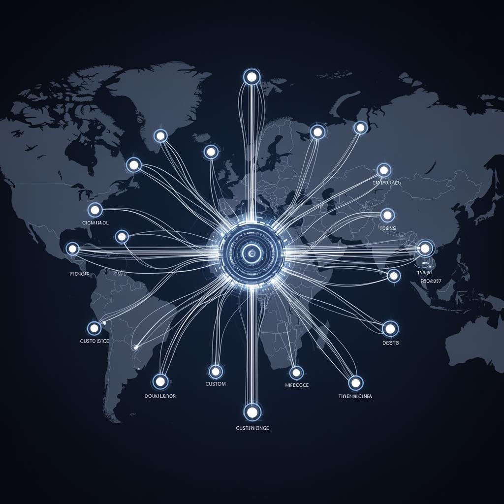 Abstract network map with a centralized control core branching custom domain threads to global edge nodes in deep sapphire blue and glowing white
