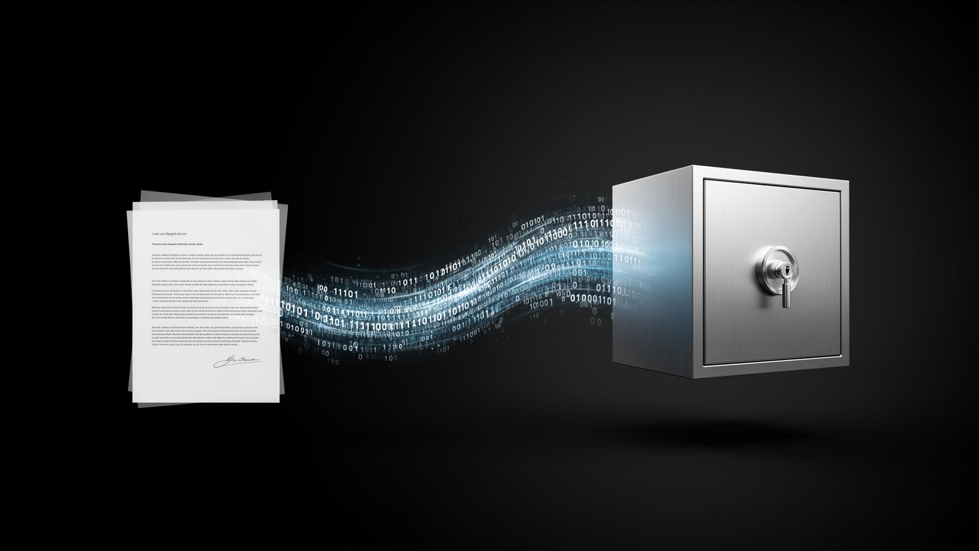 Document packet dissolving into an encrypted binary data stream flowing into a secure platinum vault lockbox