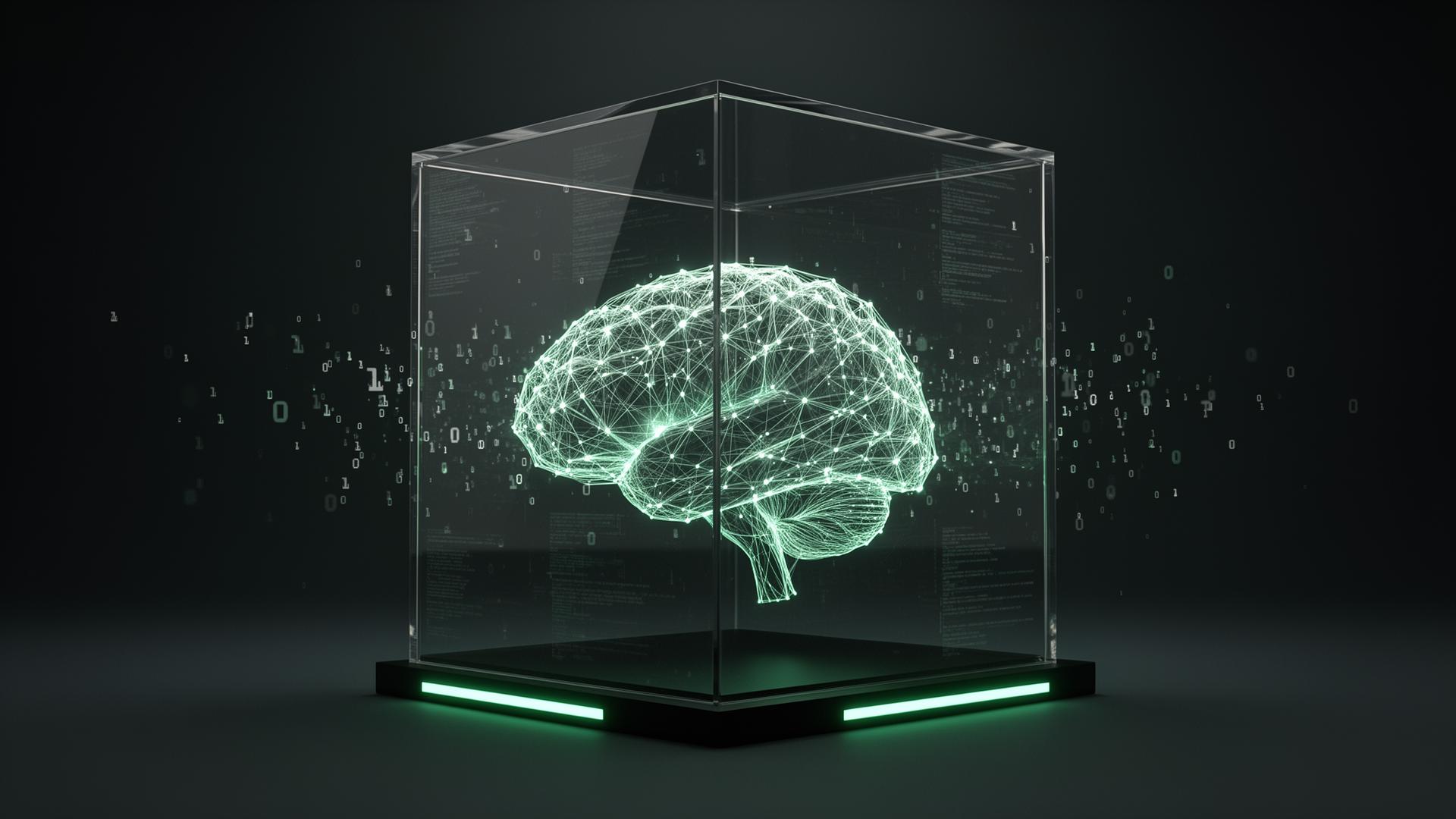 Abstract visualization of a neural network sealed inside a glass geometric cube with emerald security lighting and floating binary data streams
