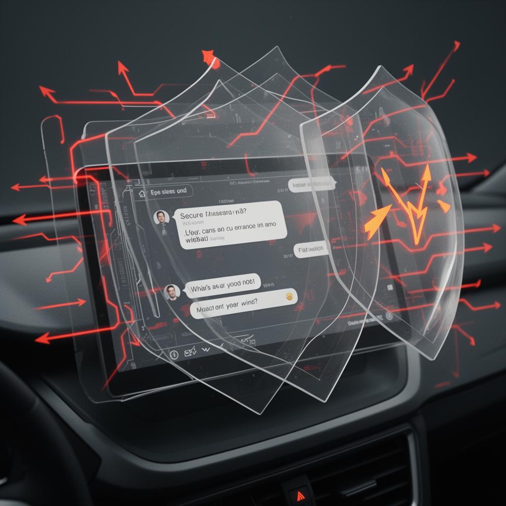 Dashboard terminal screen showing a secure messaging flow enclosed by multi-layered data shields blocking external red hazard lines