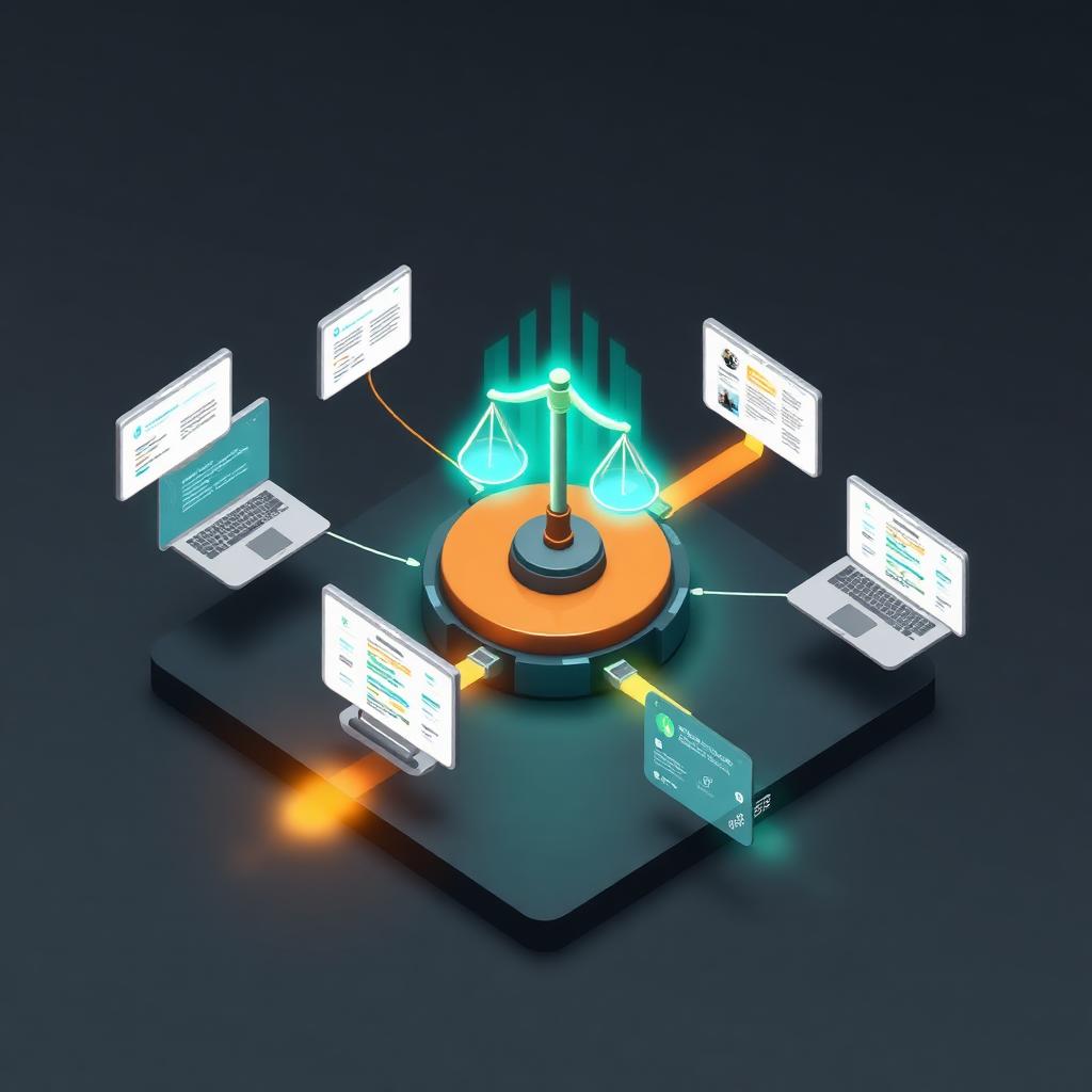 Isometric illustration of multiple AI answer engines routing citations to a central legal firm icon