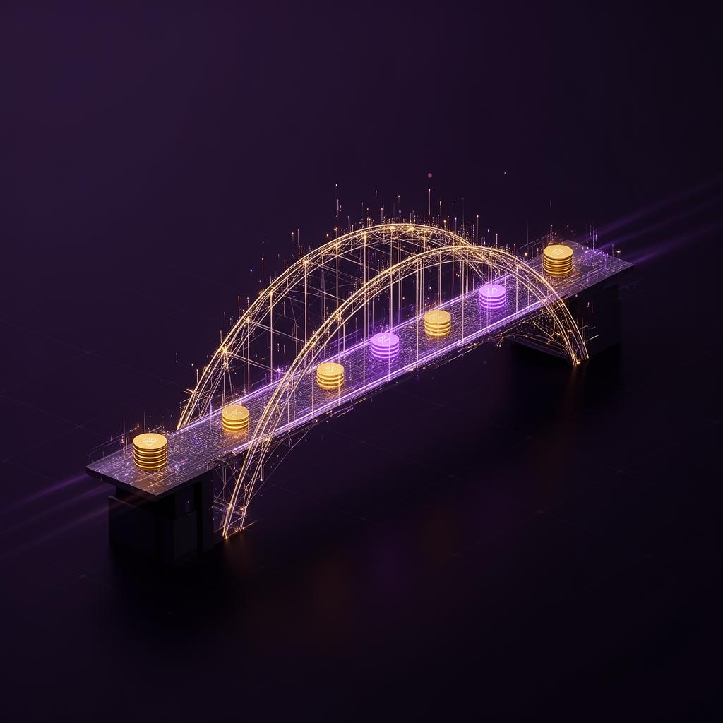 Architectural data bridge transforming small distributed databases into a high-performance serverless database grid with violet and gold glowing data nodes