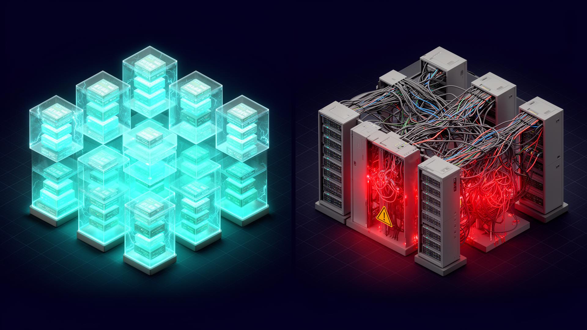 Isometric 3D render contrasting isolated glowing single-tenant database shards with a tangled, compromised multi-tenant server grid
